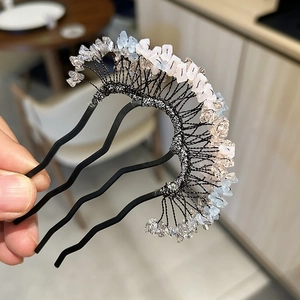 Hanfu crystal hair comb with handmade blue and pink gemstones on a black wavy metal base