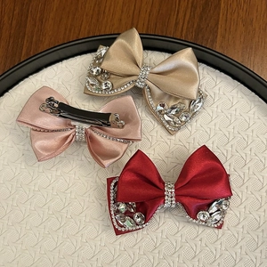 Satin bow hair clips with rhinestones in champagne, pink and red colors set