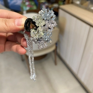 Detail view of the crystal flower hair claw clip with elegant beaded tassels and stones