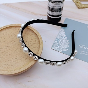 Women Elegant Faux Artificial Pearl Rhinestone Headband Alloy Hair Hoop With Black Fabric Wrap Korean Style Fashion Hair Accessories For Party