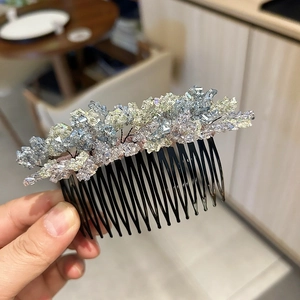 Handmade crystal bead hair comb with blue and yellow stones on black teeth base