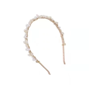 Serre-tête élégant style coréen avec perles blanches et feuilles roses mat dorées