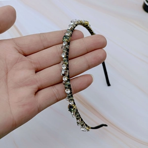 Handmade retro French headband with crystal beads and gold wire wrapping on black band