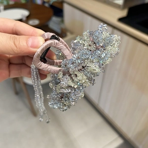 Handmade crystal hair claw with pink silk fabric and sparkling beaded tassels for women