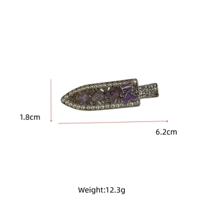 Detail view showing dimensions of handmade crystal hair clip with purple bear and pearls