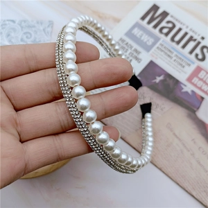 Elegant double-layer headband with white faux pearls and silver rhinestones for women