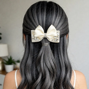 Close-up of a cream satin bow hair clip with sparkling rhinestones on purple wavy hair
