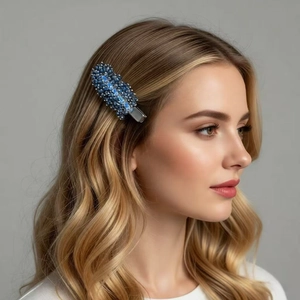 Handmade blue beaded hair clip for women with sparkling crystal accents on silver metal