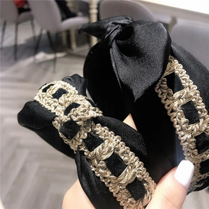 Elegant black satin bow headband and vintage woven mesh hair hoop set for women