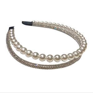 Elegant double-layered headband with white faux pearls and sparkling crystal rhinestones