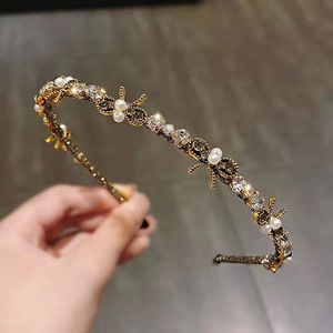 Vintage Alloy Rhinestone Artificial Pearl Butterfly Headband Bowknot Hair Hoop For Women Wedding Party Hair Accessory