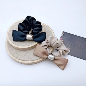 Chouchou avec Nœud en Tissu de Satin Fausse Künstliche Perle Strass Porte Queue de Cheval Élégant Style Coréen Femme Bijoux