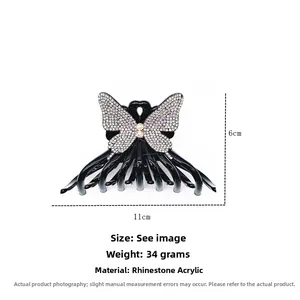 Detail view of butterfly hair claw clip with silver rhinestones and 11cm size markings