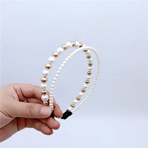Bandeau Élégant de Style Coréen à Double Rangée de Künstliche Perles Artificielles et Billes Dorées Accessoires Cheveux Femme