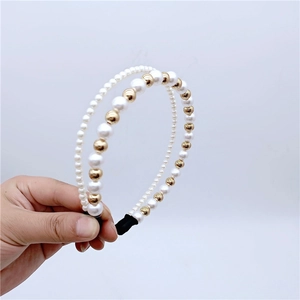 Serre-tête élégant à double rangée de perles blanches et dorées pour femmes