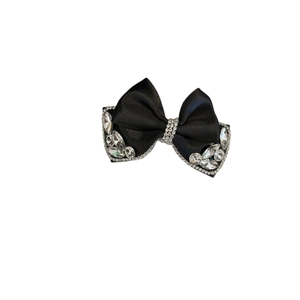 Elegant black satin bow hair clip with luxury rhinestones and crystal embellishments