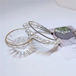 Elegant multi-layer headband with white pearls and sparkling rhinestones for women