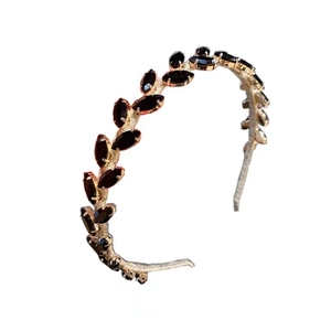 Baroque style gold leaf headband with black rhinestones and luxury vintage metal finish