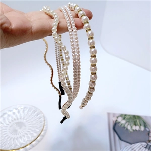 French Vintage Faux Artificial Pearl Headband For Women Elegant Gold Alloy Rhinestone Wave Double Row Hair Band Wedding Accessories
