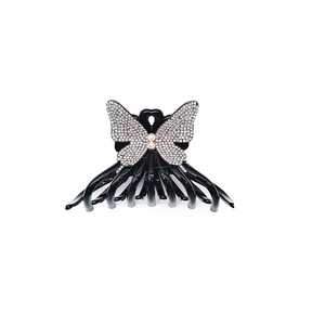Elegant butterfly hair claw clip with black acrylic and silver rhinestones on white background