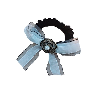 Elegant rhinestone rose chiffon bow hair tie with pearl center and elastic black band