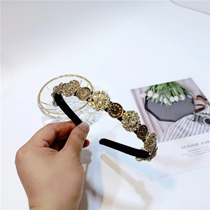 French vintage headband with golden clock charms and inlaid rhinestones for women