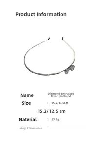 Detailed view of rhinestone bow headband showing alloy material and crystal measurements