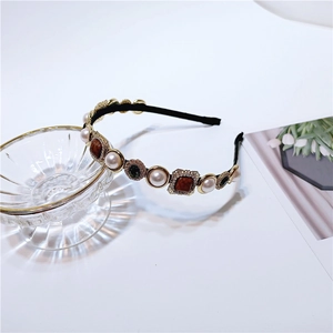 Vintage Baroque headband with pearls, square resin stones, and crystals on a gold base
