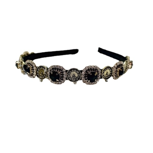 Vintage French headband with black gems and gold clock-inspired relief medallions