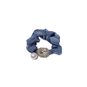 Elegant navy blue velvet scrunchie with crystal rhinestone buckle and pearl drop pendant