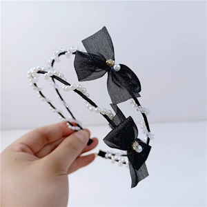 Korean Style Double Layer Mesh Bow Headband Faux Artificial Pearl Crystal Beaded Hairband Sweet Elegant Hair Accessories For Women