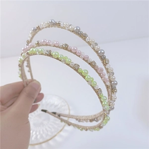 Set di 3 cerchietti sottili coreani con perle e cristalli in grigio, rosa e verde