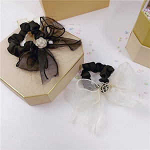Chouchou Élégant Fleur De Camélia Avec Nœud Et Pendentif Künstliche Perle Style Français En Satin Et Dentelle Pour Femme Fille