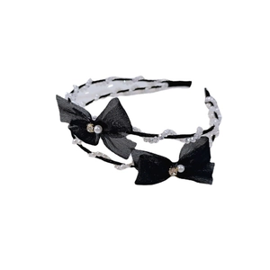 Elegant double-layered headband with black mesh bow, white pearls and crystals