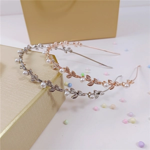 Baroque Leaf Artificial Pearl Metal Headband Elegant Forest Style Hair Hoop For Women Wedding Party Rose Gold Silver Accessory