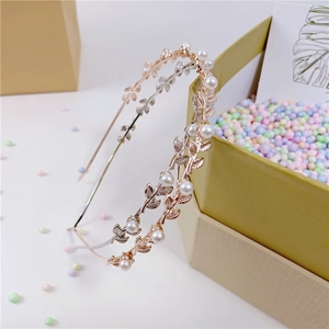 Baroque leaf metal headbands with pearls in silver and rose gold finishes