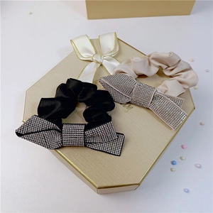Korean Style Rhinestone Bow Scrunchie Satin Fabric Large Hair Tie Elegant Sparkling Bow Hair Ring For Women Fashion Jewelry