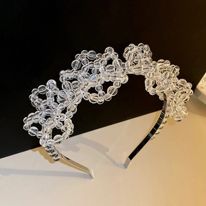 Serre-tête Femme Élégant à Fleurs en Perles de Cristal Transparent Exagéré Tissé à la Main pour Mariage Fête Accessoires