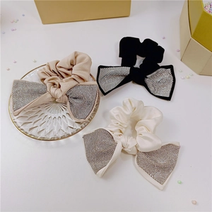 Elegant Bowknot Scrunchie With Rhinestones Satin Fabric Hair Tie Elastic Hair Band Handmade Hair Accessories For Women