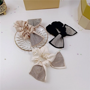 Three-piece rhinestone bow hair scrunchies set in black, beige and ivory satin fabric