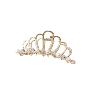 Elegante pinza per capelli a corona dorata con perle e strass per acconciature donna