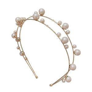 Elegante cerchietto dorato a doppio strato con perle bianche per donne e ragazze