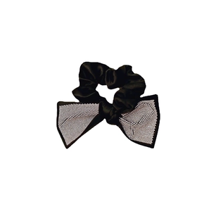 Elegant black satin hair scrunchie featuring a large bow with sparkling silver rhinestones