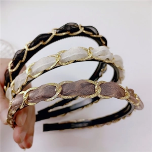 Vintage metal chain headbands in black, cream, and coffee with satin weave and anti-slip teeth