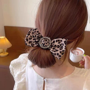 Vintage Leopard Print Bow Hair Scrunchies Rhinestone Decor Fabric Elastic Hair Band Hair Rope Women Party Hair Accessory