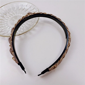 Vintage metal chain headband with woven champagne gauze fabric and non-slip inner teeth