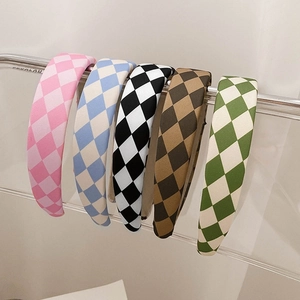 Fashion Checkerboard Padded Headband For Women Retro Candy Color Grid Pattern Fabric Sponge Wide Hairband Hair Accessories