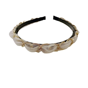 Retro metal chain headband with beige mesh gauze fabric and black elastic band for women