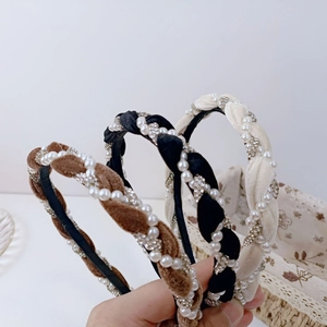Women Vintage Velvet Twisted Braided Headband With Faux Artificial Pearl Rhinestone Korean Style Elegant Hair Hoop Fashion Accessory