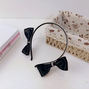 Elegant black satin double bow headband with sparkling rhinestones for women hair accessory
